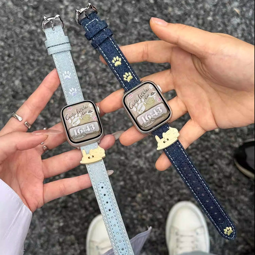 牛仔刺绣皮质猫咪适用苹果手表