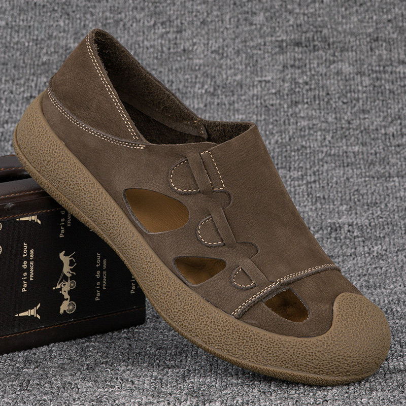 外贸凉鞋男真皮夏季透气一脚蹬包头皮凉鞋头层牛皮男鞋牛筋底皮鞋