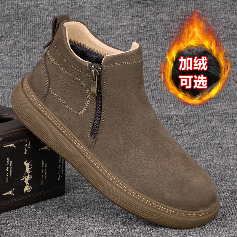 外贸男鞋真皮加绒保暖高帮棉鞋磨砂牛皮复古男士短靴侧拉链马丁靴