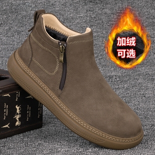 外贸男鞋真皮加绒保暖高帮棉鞋磨砂牛皮复古男士短靴侧拉链马丁靴