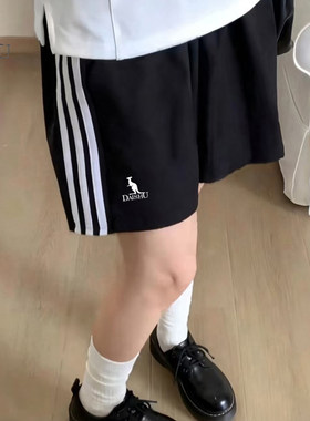袋鼠条纹运动短裤夏季薄款宽松大码显瘦五分休闲裤子男女运动套装
