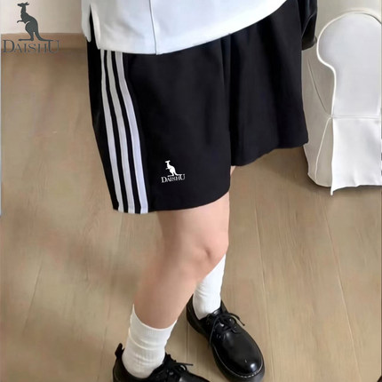 袋鼠条纹运动短裤夏季薄款宽松大码显瘦五分休闲裤子男女运动套装