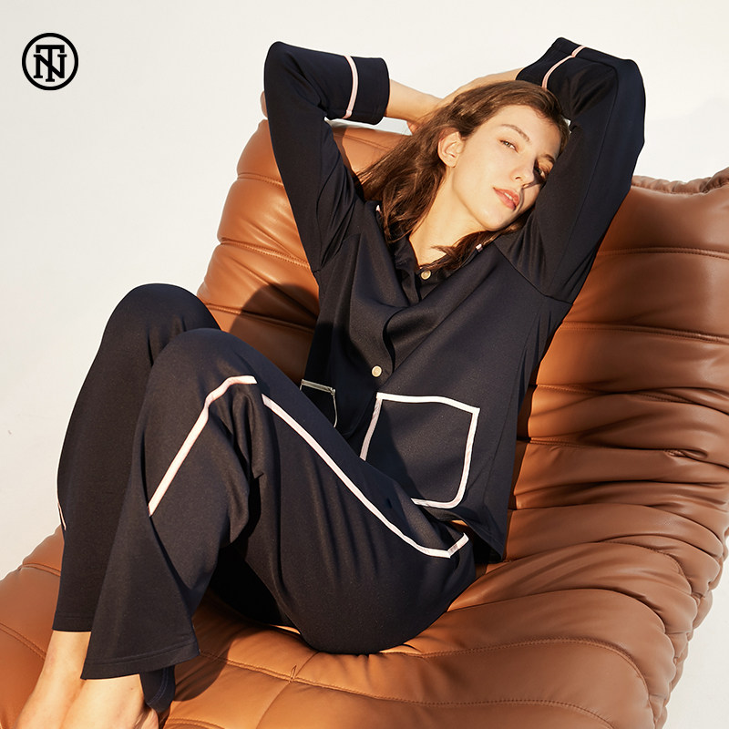 NoirTease奈黎诗春秋加厚新款空气棉睡衣女士翻领家居服两件