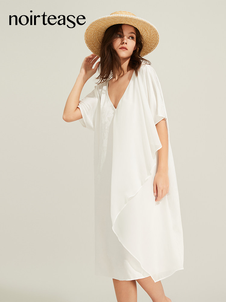 NoirTease奈黎诗春夏薄款丝质睡裙女士短袖V领提花家居服睡