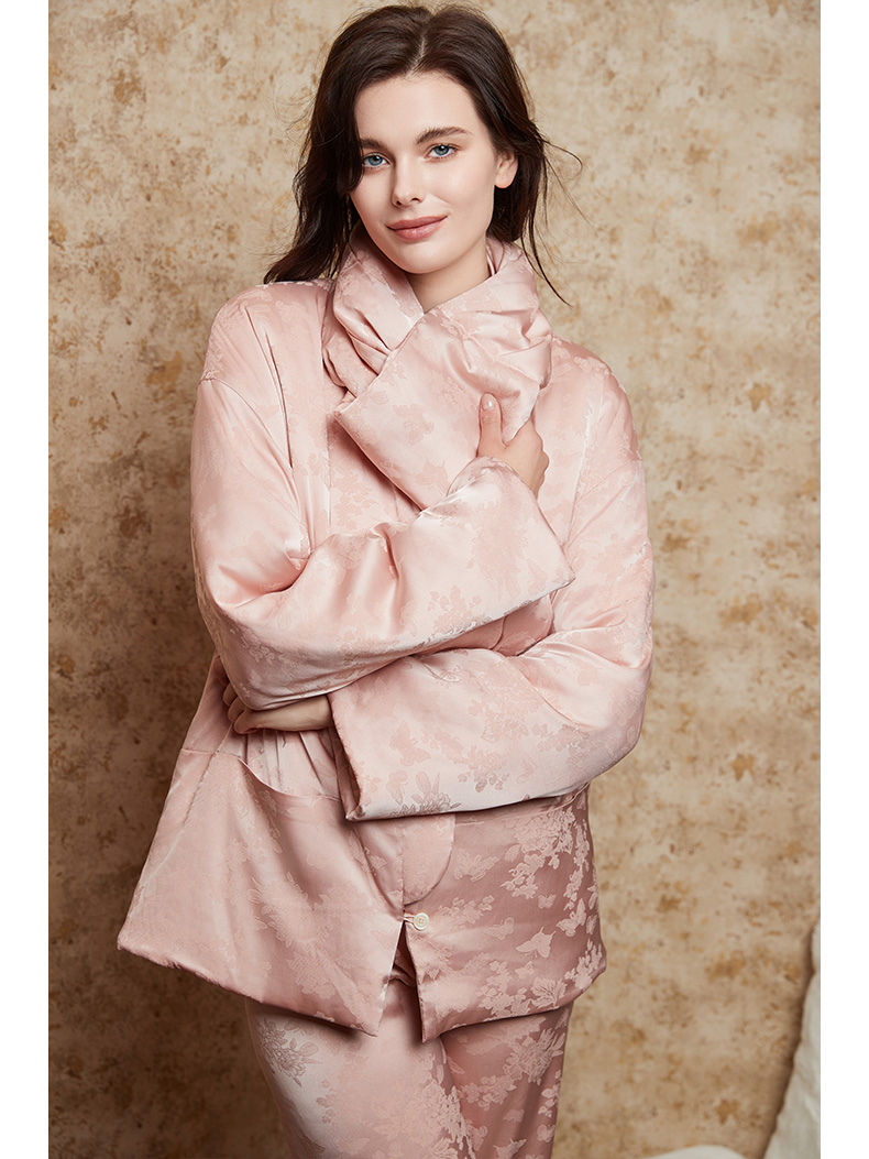 女士丝质提花夹棉保暖睡衣家居服
