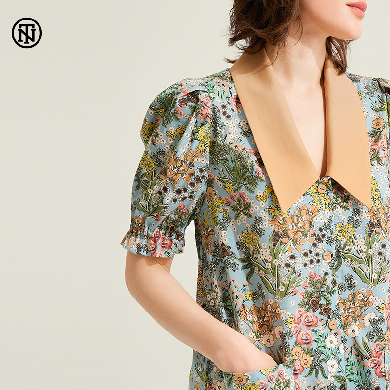 NoirTease奈黎诗春夏纯棉睡衣女薄款印花衬衫领复古风睡裙可