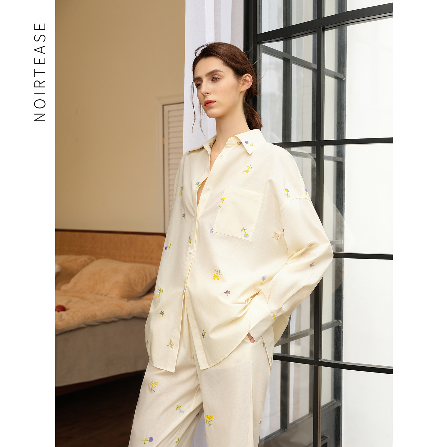 春秋薄款纯棉宽松睡衣女士套装