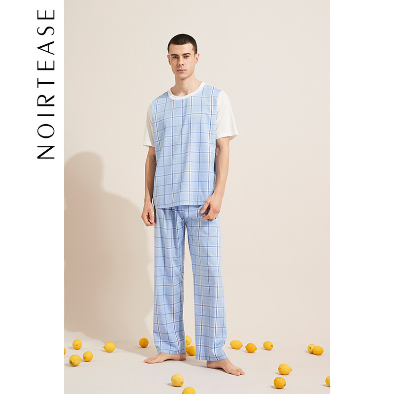 NoirTease奈黎诗春夏薄款男士睡衣两件套装简约拼接家居服可