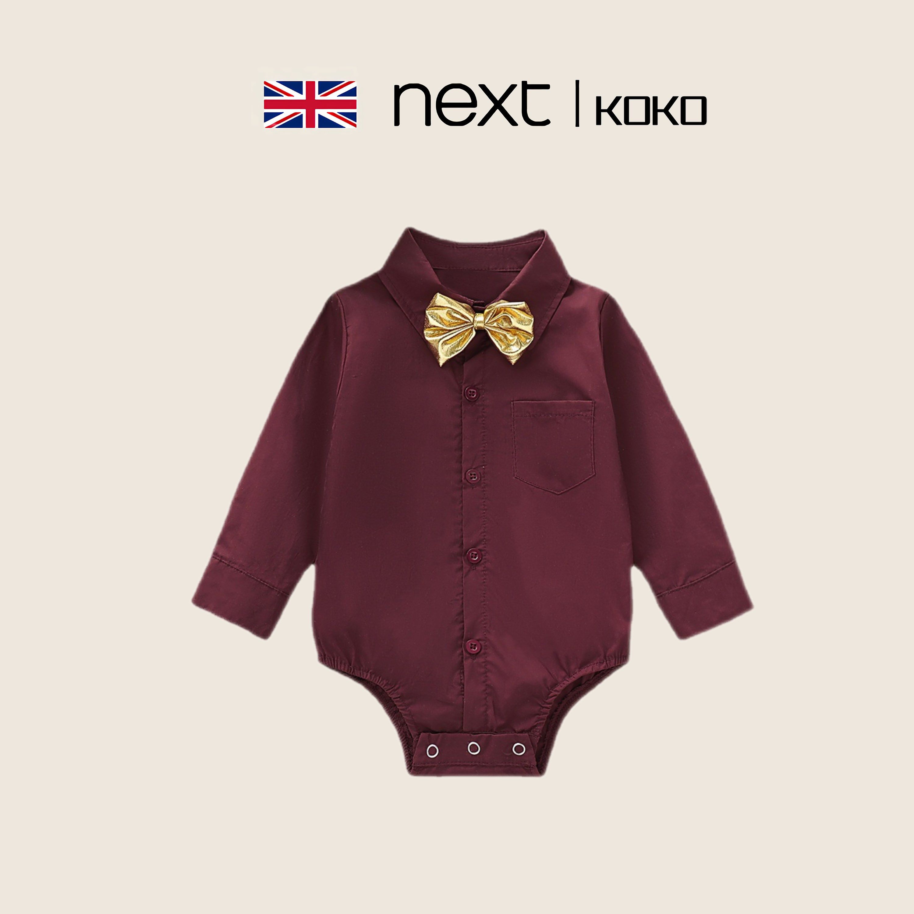 英国next koko婴儿春秋纯棉包屁衣男宝宝欧美风领结长袖周岁礼服