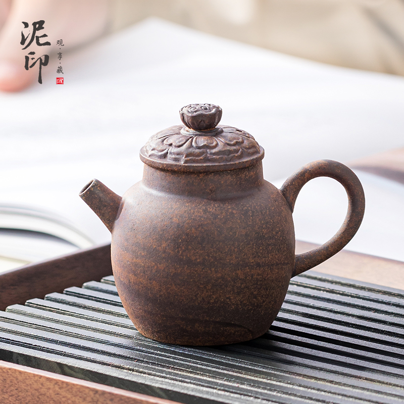 泥印仿古中式手工柴烧茶壶送长辈