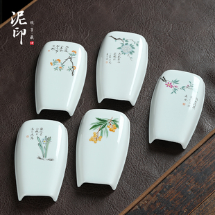 泥印影青手绘茶则家用办公室功夫泡茶简约陶瓷取茶器茶具配件