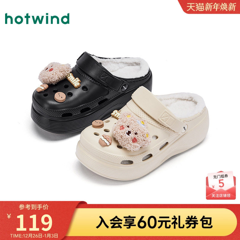 热风加绒洞洞鞋2025年冬季新款厚底百搭卡通拖鞋家居包头拖一脚蹬