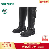 热风黑色骑士靴女鞋 百搭长靴户外酷帅粗跟靴子 时尚 2025年冬季 新款