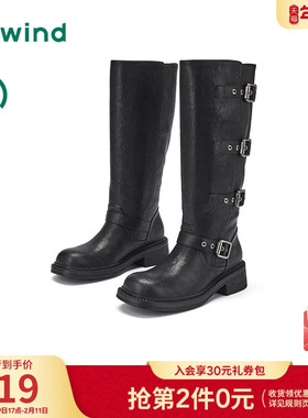 热风黑色骑士靴女鞋2025年冬季新款时尚百搭长靴户外酷帅粗跟靴子