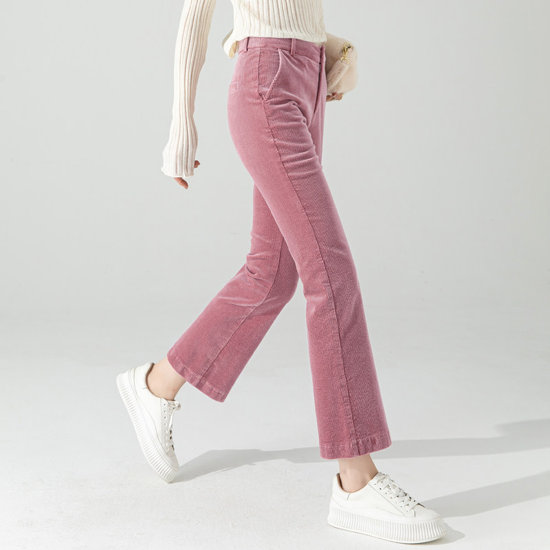 多巴胺条绒粉色裤子女新款春秋莫代尔喇叭裤小个子修身灯芯绒女裤