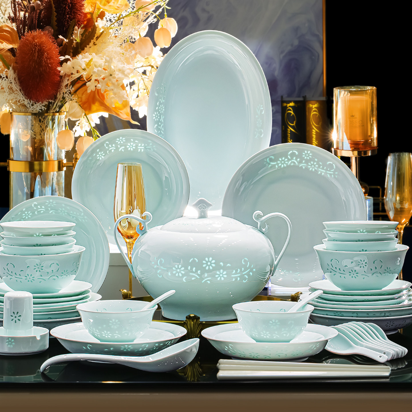 【景德镇正品】青釉玲珑瓷餐具图片