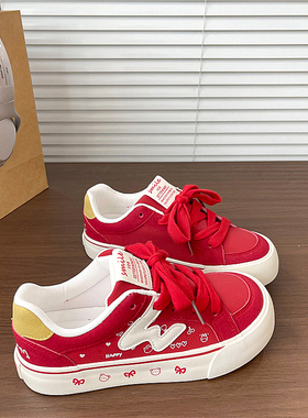 易少年 红色圆头板鞋女ins潮2026春季新款小众百搭运动休闲小白鞋