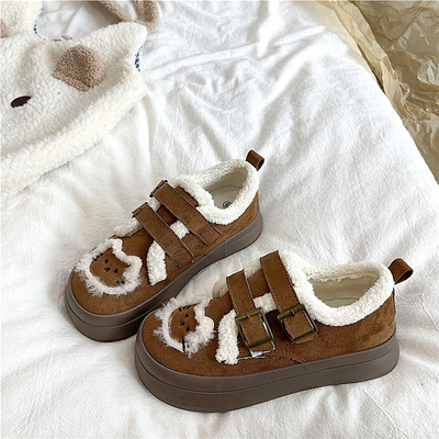 易少年 2025冬季加绒棉鞋女款小众可爱保暖复古百搭休闲厚底板鞋