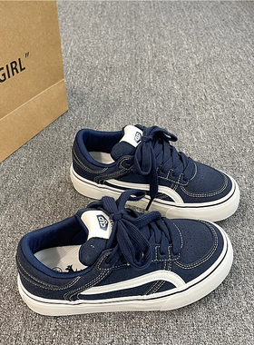 易少年 深蓝色帆布鞋女运动休闲鞋复古百搭平底板鞋2025冬季新款