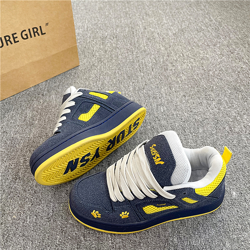 鞋子男情侣深蓝黄美式复古板鞋女厚底面包鞋运动鞋子2025冬季新款