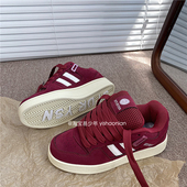 酒红面包鞋 男ins潮2025冬季 复古新款 港风男鞋 街拍百搭休闲板鞋 女