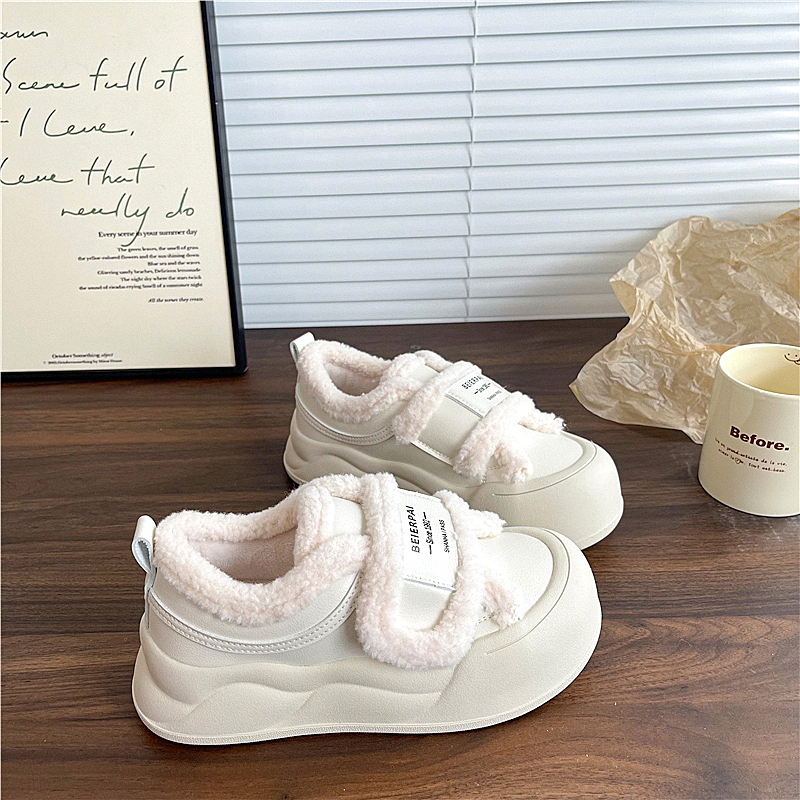 易少年  加绒棉鞋魔术贴增高小白鞋子ins潮2025冬季新款保暖板鞋