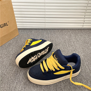 黄蓝色港风情侣鞋子男2025冬季新款厚底百搭ins潮运动休闲板鞋女