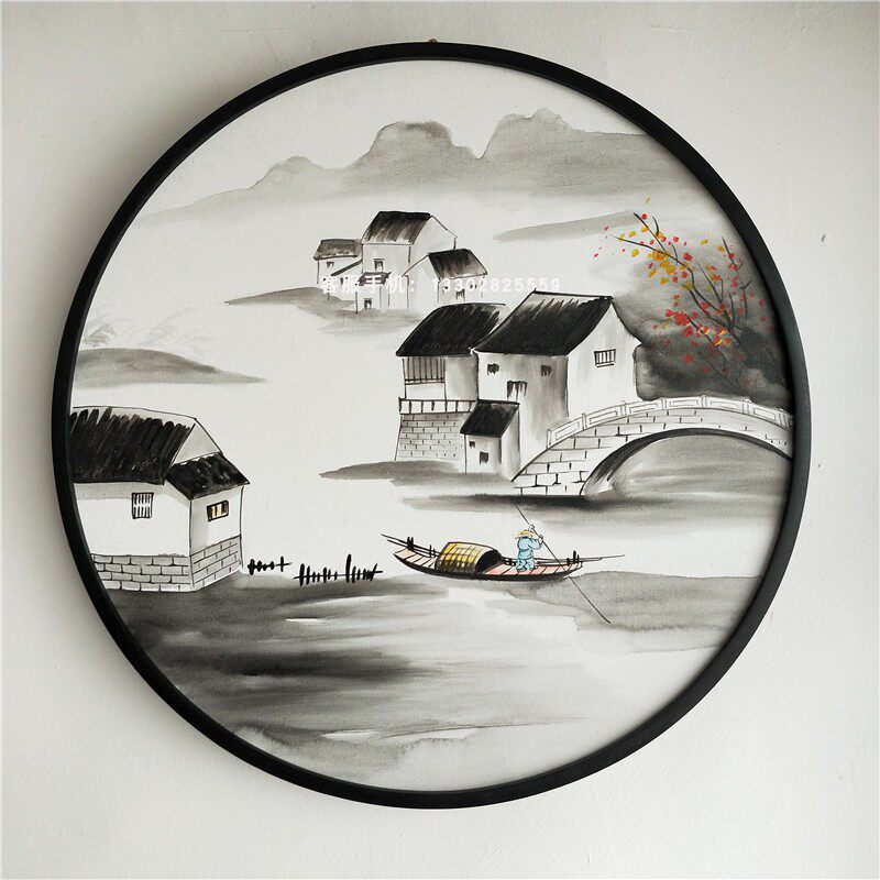 新中式圆挂画客厅沙发背景墙装饰画走廊玄关茶室半透明纱布画圆形