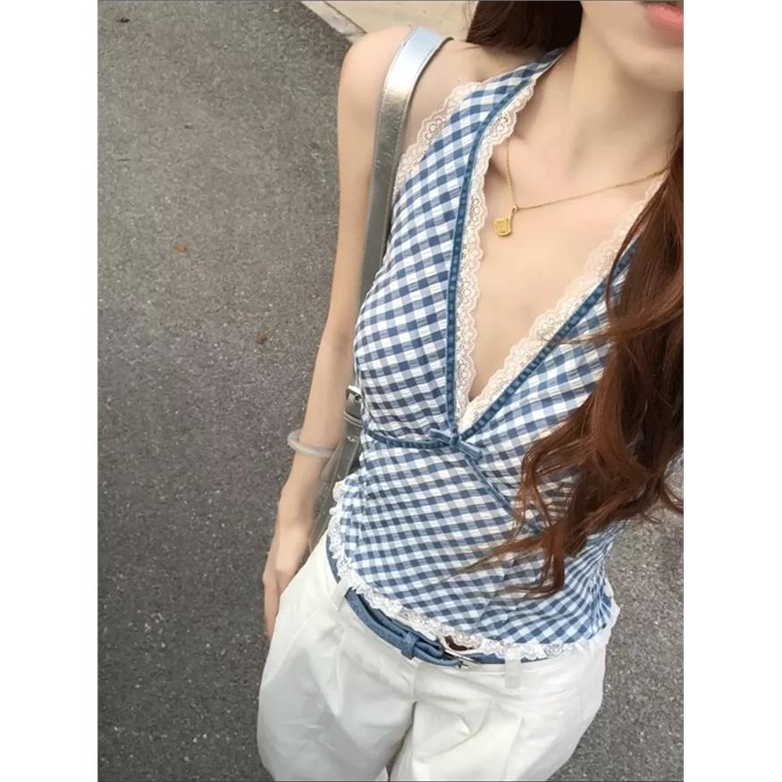 韩系高级感蕾丝拼接蓝色