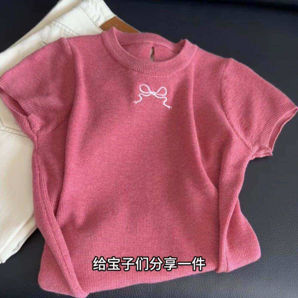 玫粉色蝴蝶结针织修身正