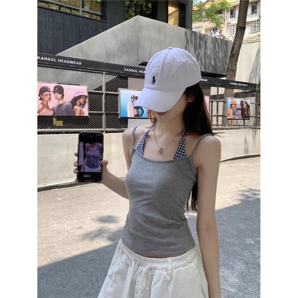 灰色假两件挂脖吊带背心