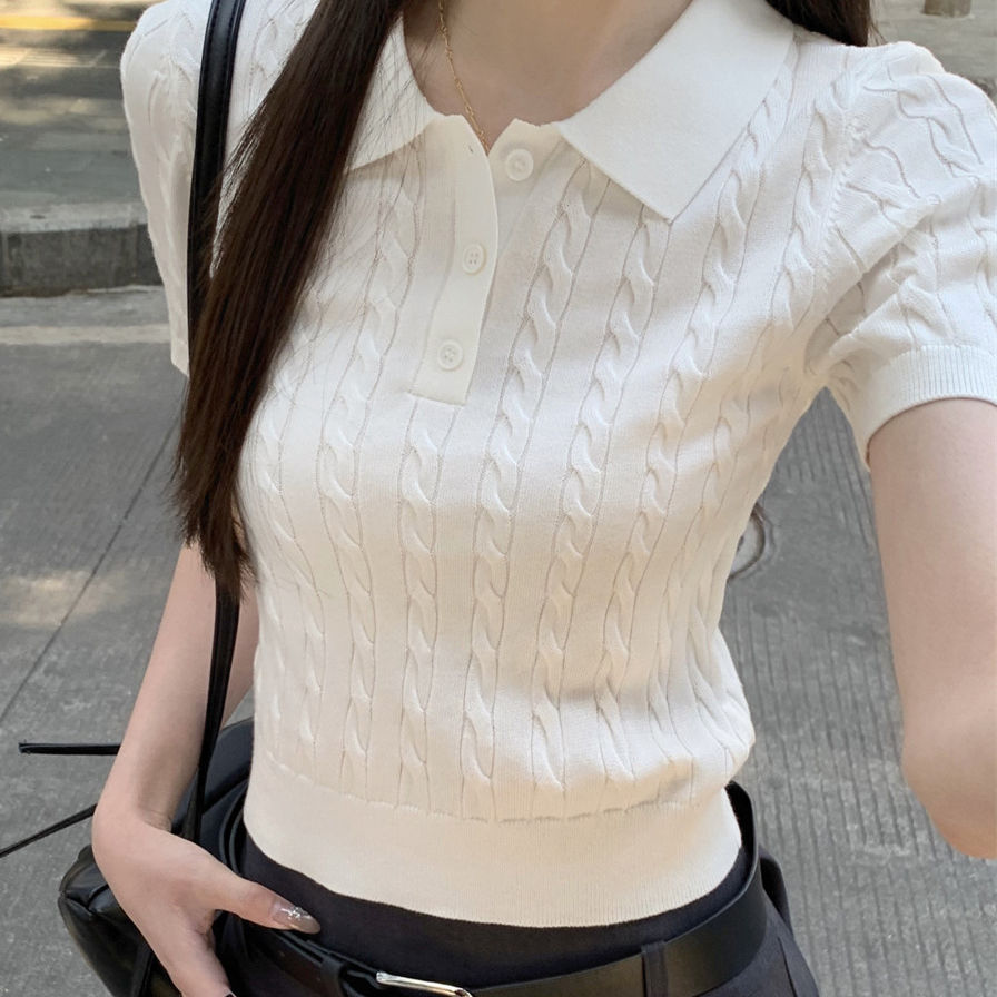 法式高级感Polo翻领钮扣