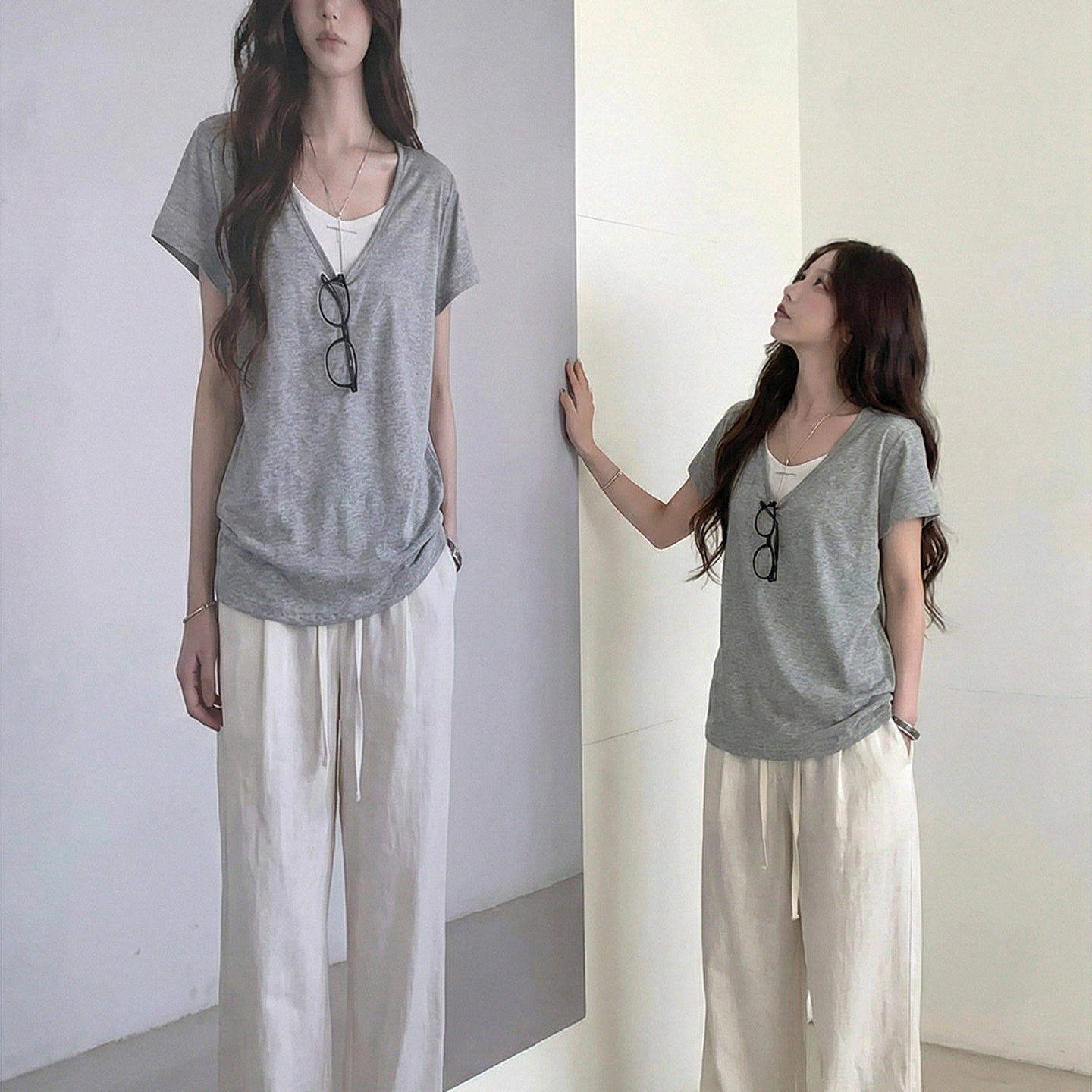 叠穿假两件灰色短袖女V领
