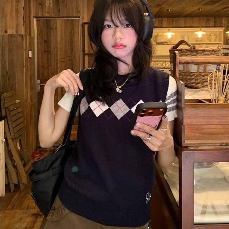 学院风针织背心女夏季菱