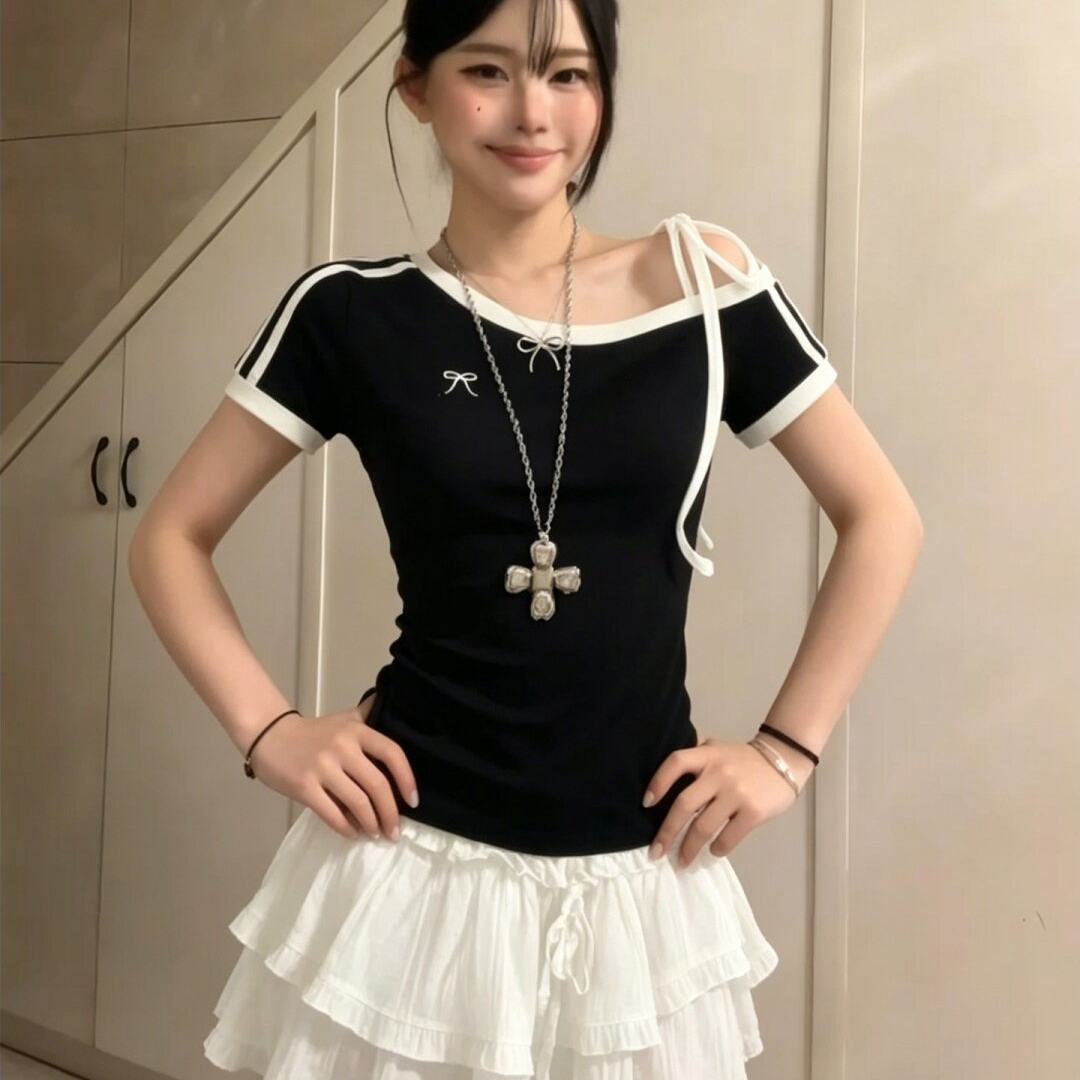 美式斜露肩绑带条纹短袖T