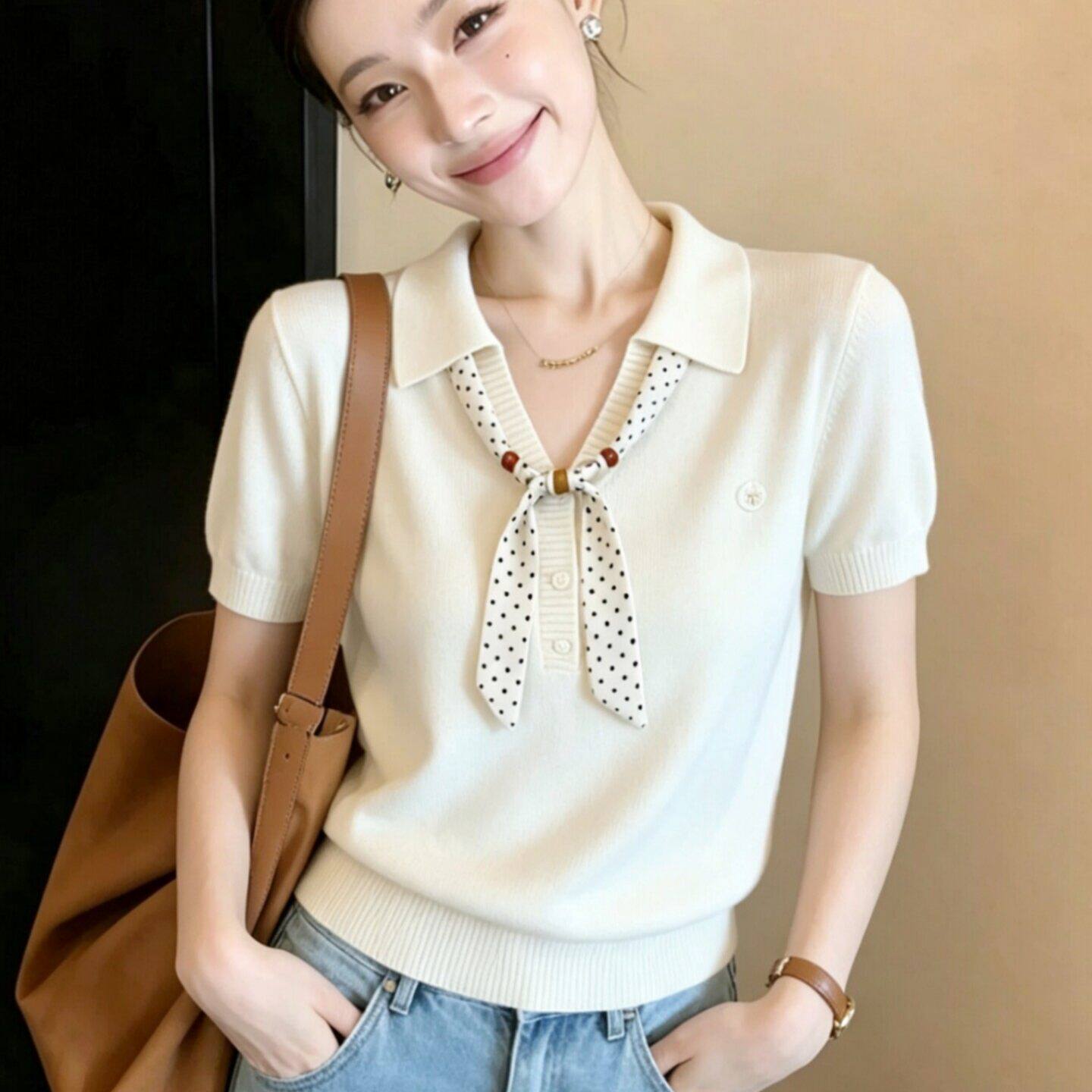 白色丝巾Polo领针织短袖