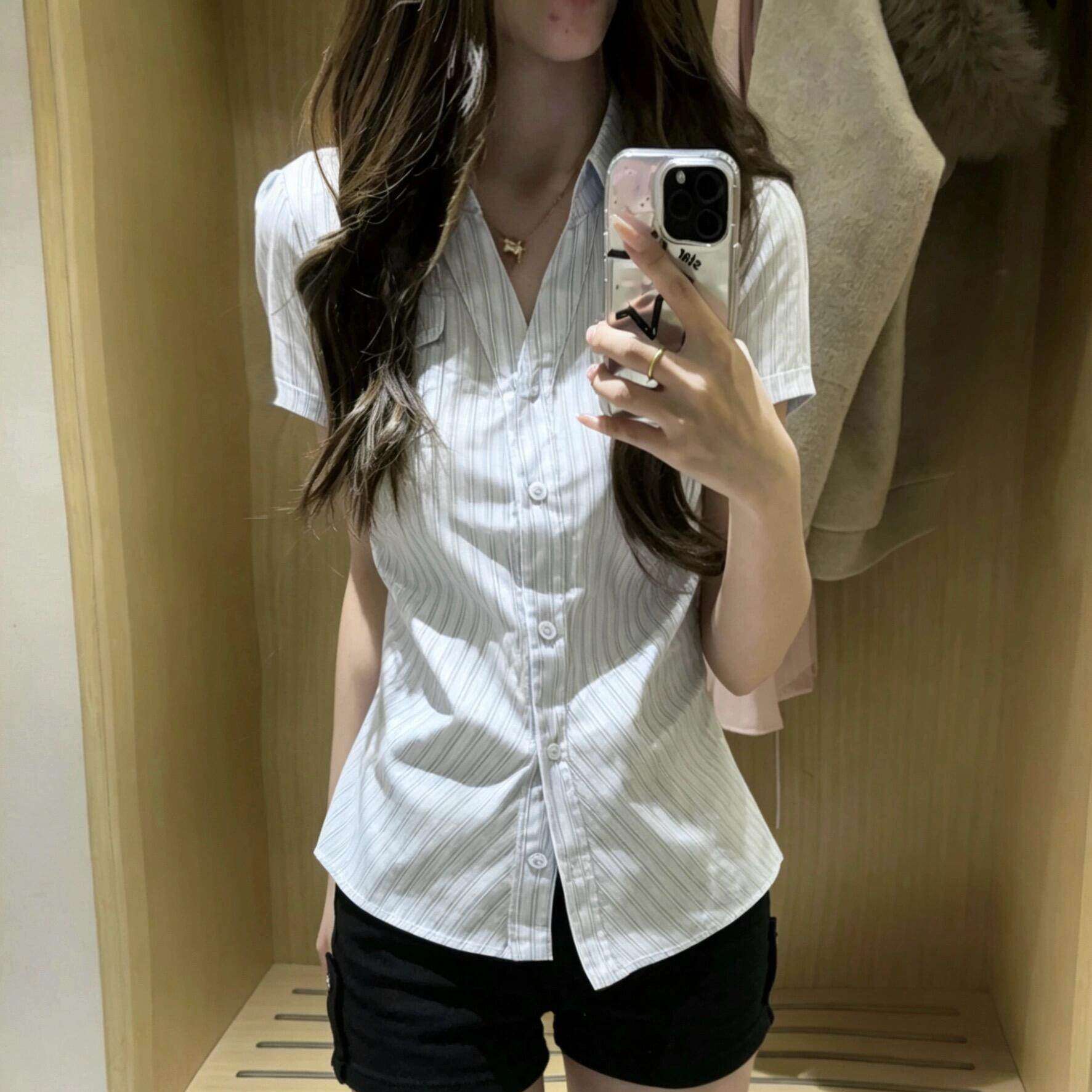 韩版条纹短袖衬衫上衣女