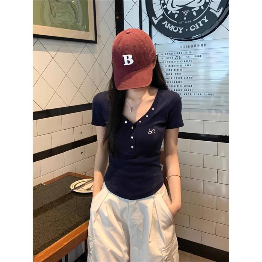 原版面料美式辣妹v领藏蓝