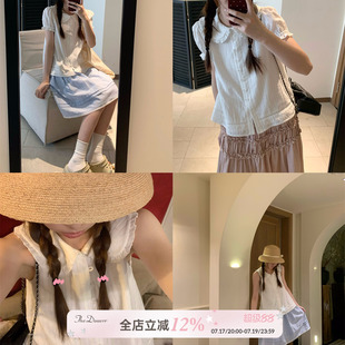 TheDouerr  少女感纯白镂空挖肩短袖上衣无袖娃娃领衬衫