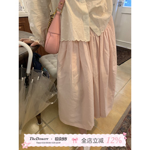 TheDouerr蜜桃粉细格松紧腰伞裙