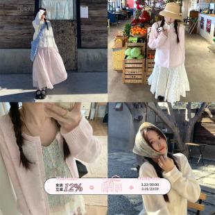 长袖 TheDouerr 绵羊泡芙少女感针织花边马海毛粉白开衫