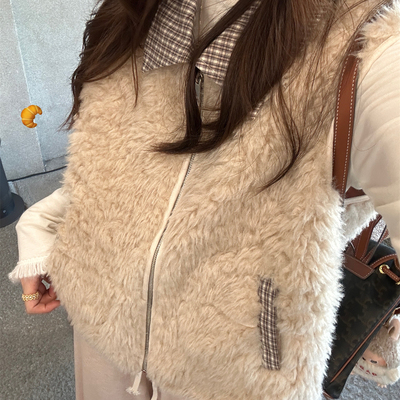 TheDouerr 松茶可可格纹拼接奶茶毛毛马甲拉链毛绒背心