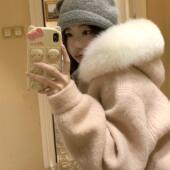 新品 TheDouerr 奶呼呼大毛领羊毛毛呢拉链连帽外套女保暖冬季