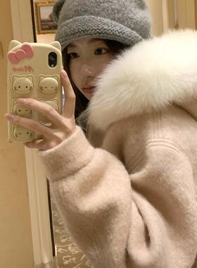 TheDouerr 奶呼呼大毛领羊毛毛呢拉链连帽外套女保暖冬季新品