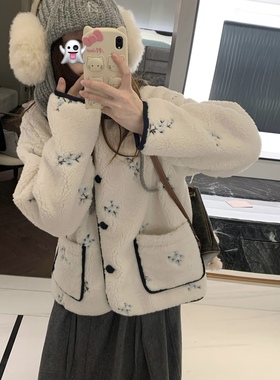 TheDouerr 月见铃兰花花羊羔毛包边外套冬保暖上衣