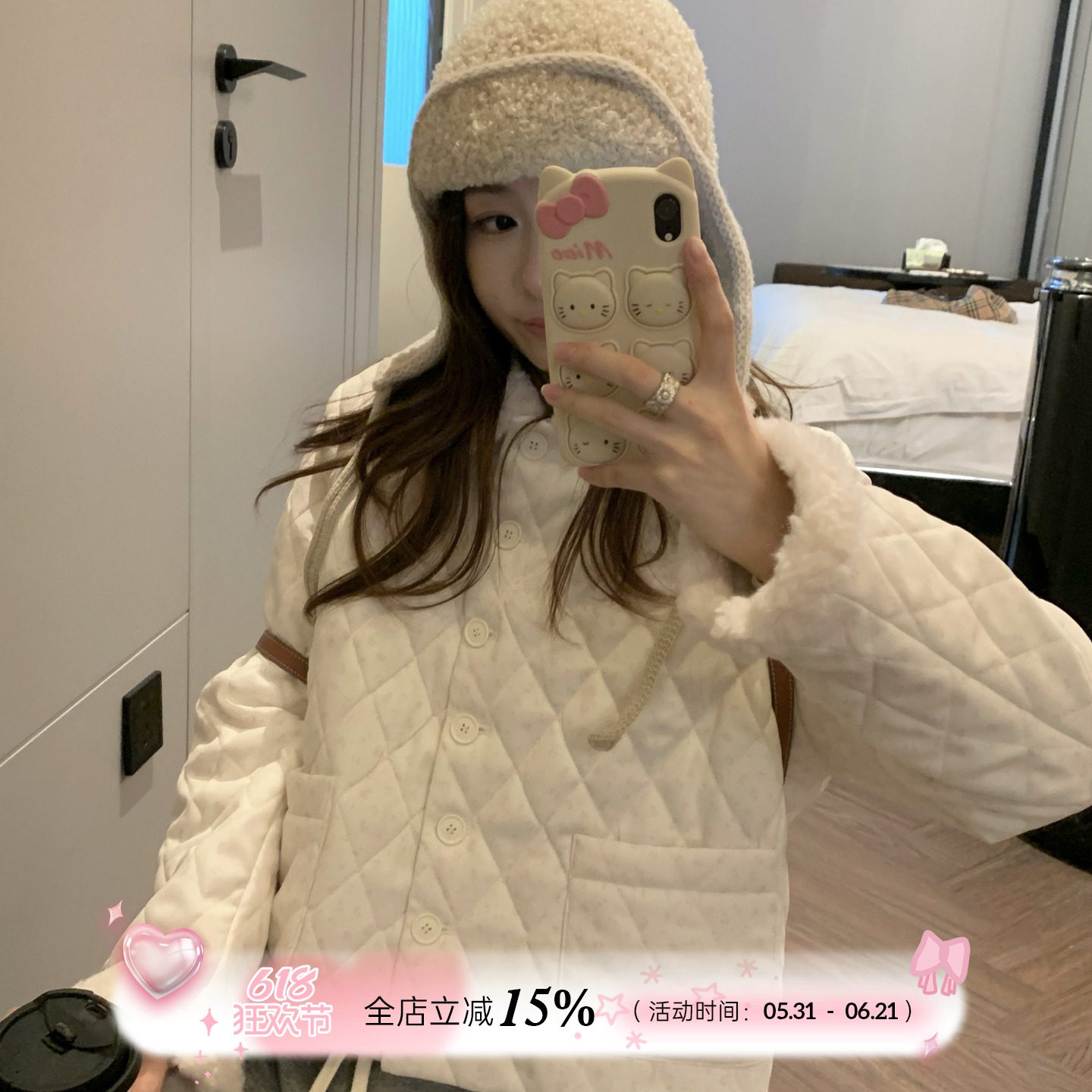 TheDouerr 奶油小豹纹羊羔毛翻领绗线加厚保暖棉服女