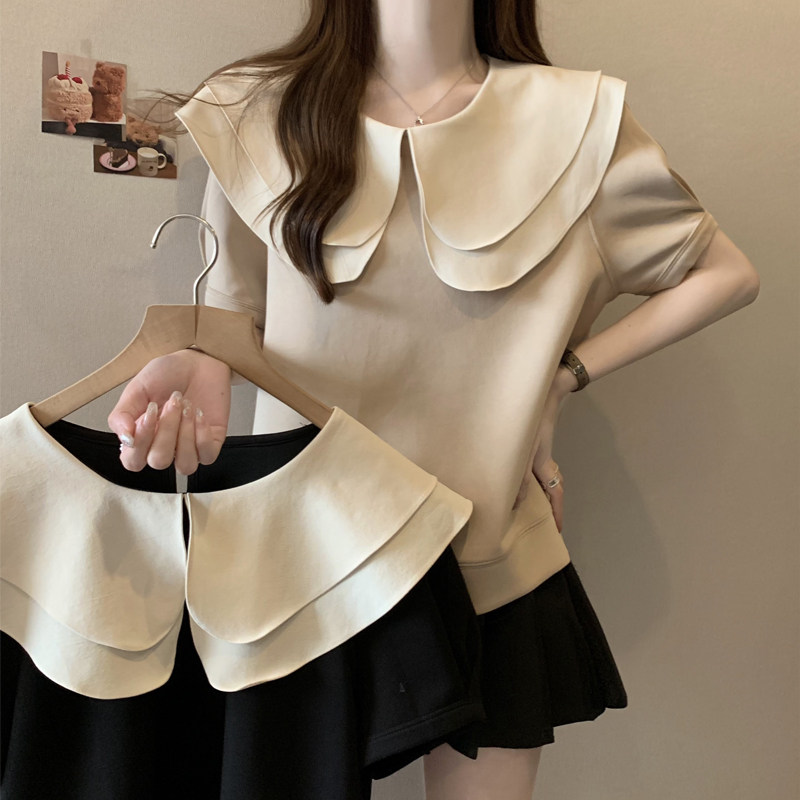 【微胖女生穿搭】大码夏季新款娃娃领宽松显瘦设计感减龄上衣t恤