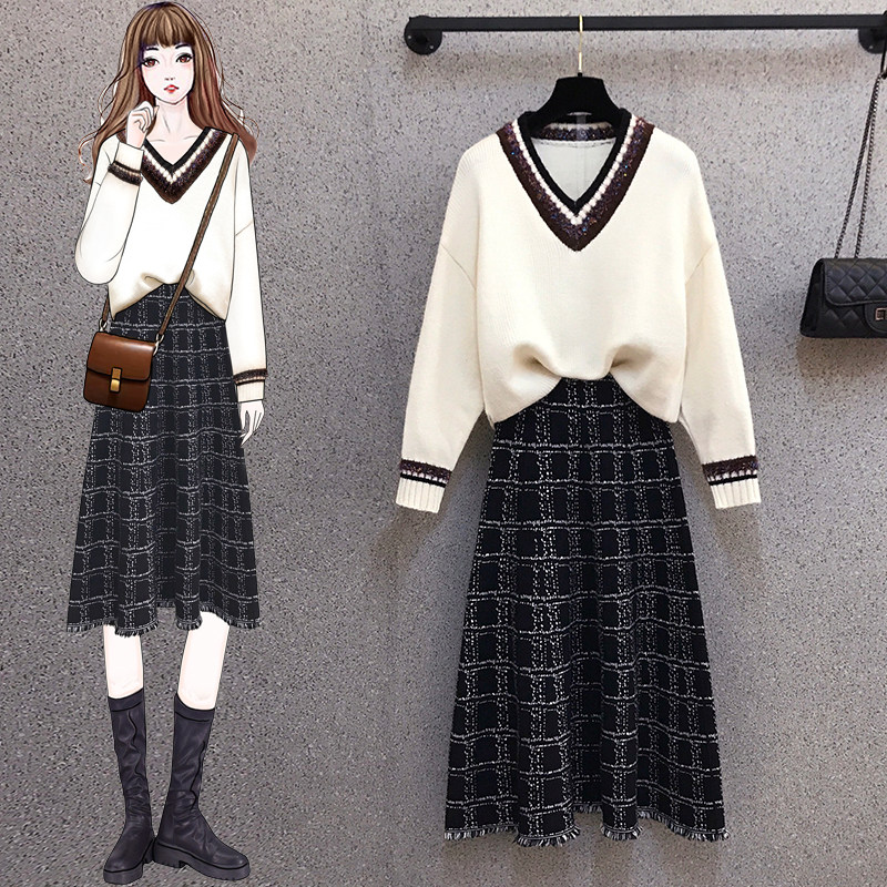 【微胖女生穿搭】初秋新款大码减龄v领针织衫毛衣半身裙两件套装
