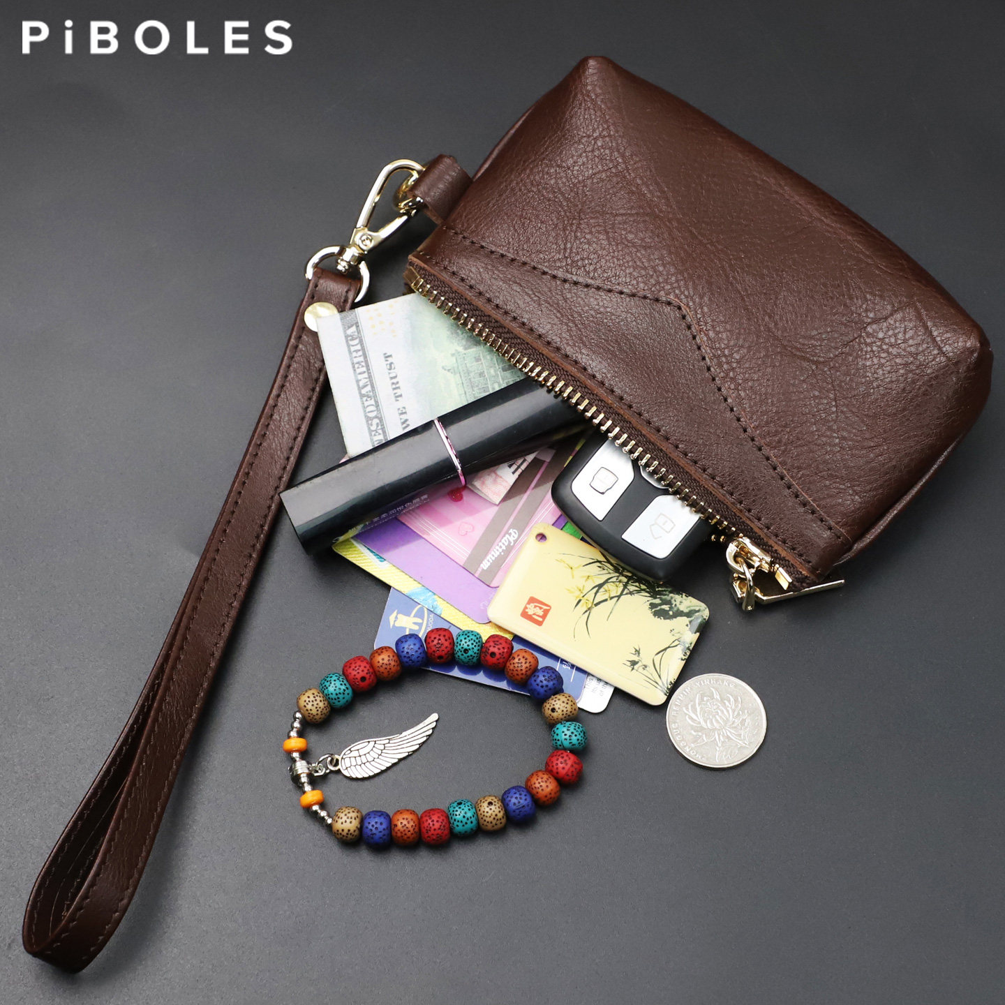 高级感植鞣牛皮小手拿包女士复古真皮零钱包个性拉链收纳包文玩包