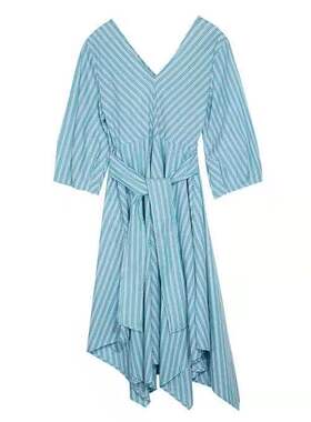 品牌专柜在售449Y  夏季新款设计感收腰不规则拼接条纹连衣裙